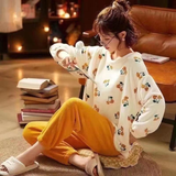 Nightwear ,Coral Velvet Pajama Sets Women Casual Thick Sleepwear O-neck Long Sleeve 2 set