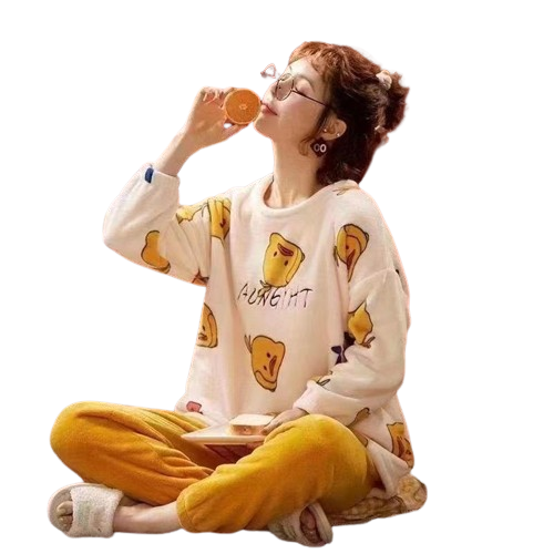 Winter Women's Coral Velvet Pajamas Set Cartoon Print Cute Thick Warm