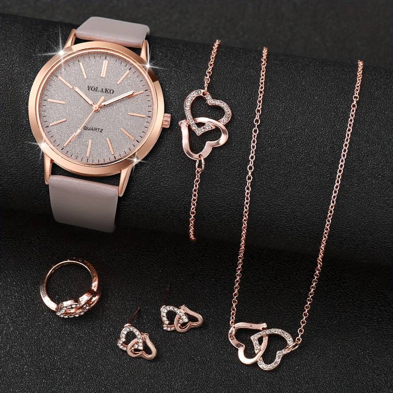 6pcs/set Women's Watch Casual Shiny Quartz Watch Analog PU Leather Wrist Watch & Heart Jewelry Set, Gift For Mom Her