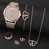 6pcs/set Women's Watch Casual Shiny Quartz Watch Analog PU Leather Wrist Watch & Heart Jewelry Set, Gift For Mom Her