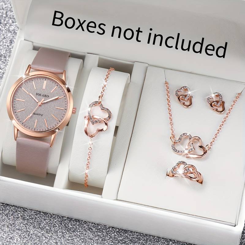 6pcs/set Women's Watch Casual Shiny Quartz Watch Analog PU Leather Wrist Watch & Heart Jewelry Set, Gift For Mom Her