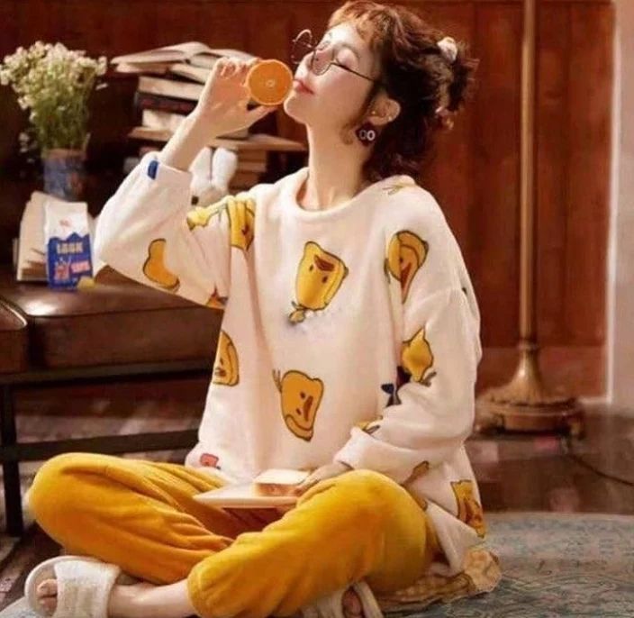 Winter Women's Coral Velvet Pajamas Set Cartoon Print Cute Thick Warm