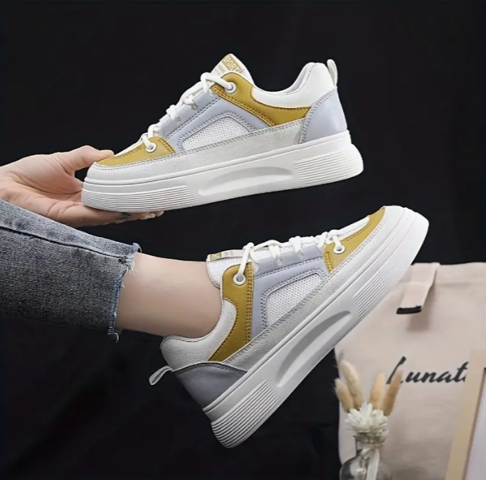 Women's Color Block Flatform Sneakers Lace Up Low-top Mesh Panel