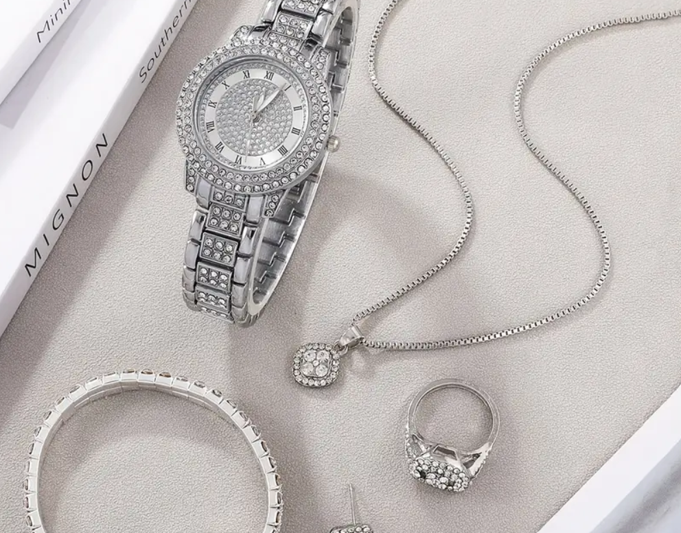 6pcs/set Women's Watch Elegant Butterfly Quartz Watch Sparkling Rhinestone Analog Wrist Watch & Jewelry Set, Gift For Mom Her