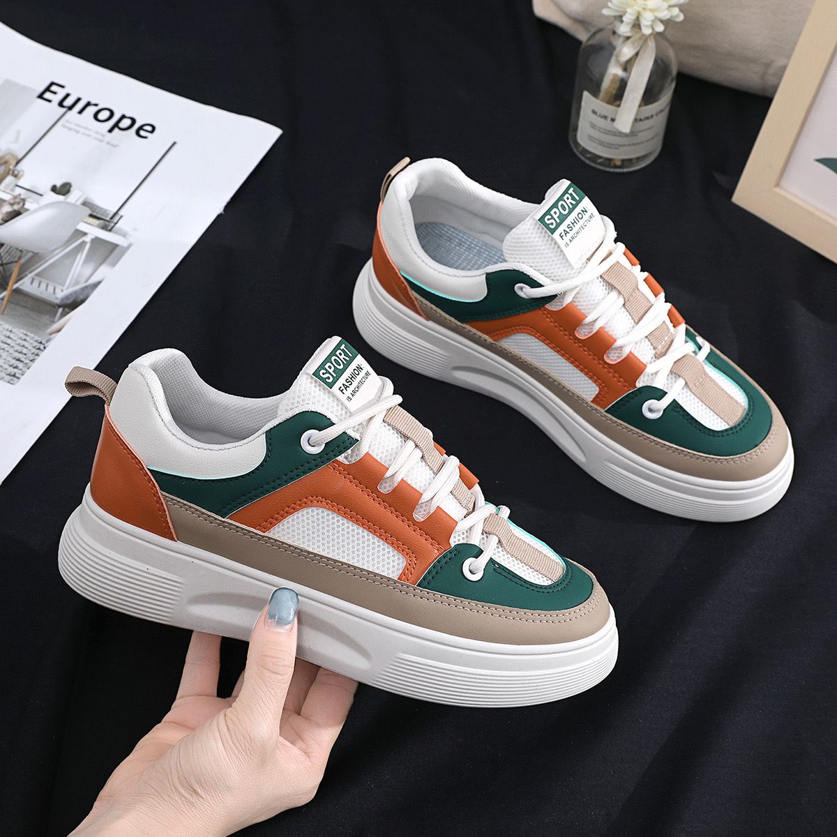 Women's Color Block Flatform Sneakers Lace Up Low-top Mesh Panel