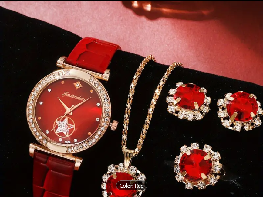 6pcs/set Women's Watch Luxury Rhinestone Quartz Watch Vintage Star Analog Wrist Watch & Jewelry Set, Gift For Mom Her
